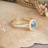 1 Carat Oval Cut Moss Agate Engagement Ring Half Eternity Halo Promise Ring